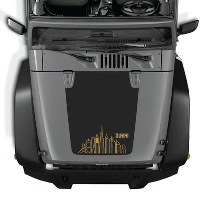 Dubai decal graphic kit for Jeep Wrangler JK JKU hood, made with premium vinyl by CarCode, featuring bold cityscape design.