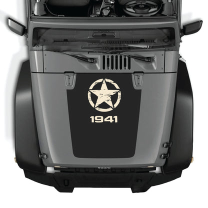 Jeep Wrangler JK JKU hood decal featuring a top star graphic in black vinyl by CarCode, designed for 2007-2018 models.