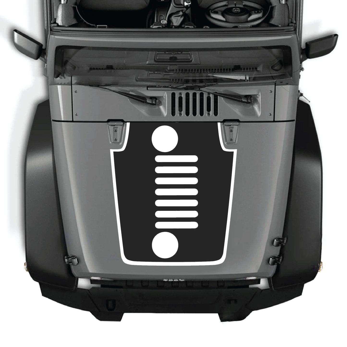 Vertical grill hood decal graphic kit for Jeep Wrangler JK JKU 2007-2018, premium vinyl CarCode hood panel sticker.
