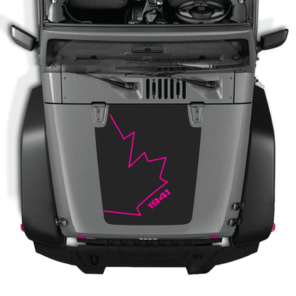 Canada full leaf hood decal by CarCode on a Jeep Wrangler JK JKU, made of premium vinyl, featuring a 1941 graphic design.