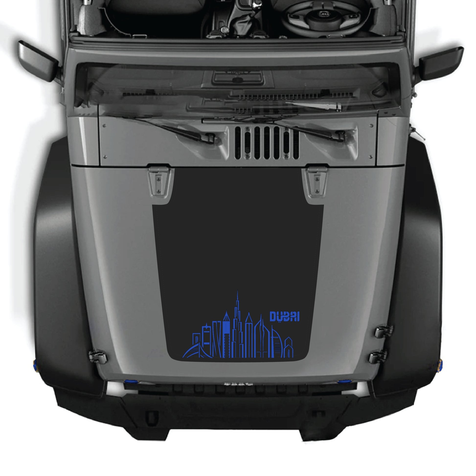 CarCode Dubai hood decal graphic kit on Jeep Wrangler JK JKU 2007-2018, premium vinyl sticker with Dubai city design.