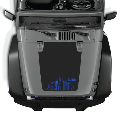 CarCode Dubai hood decal graphic kit on Jeep Wrangler JK JKU 2007-2018, premium vinyl sticker with Dubai city design.