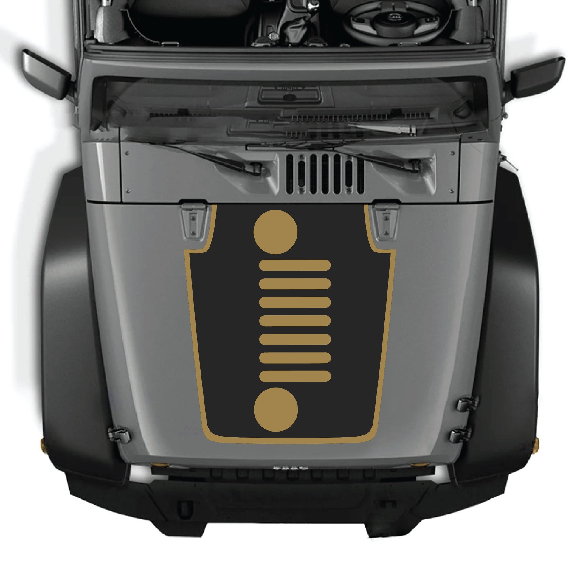Vertical grill hood decal sticker for Jeep Wrangler JK JKU 2007-2018, premium vinyl CarCode graphic kit with border design.