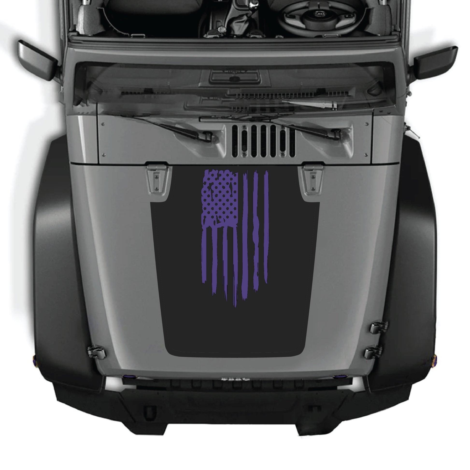 CarCode Jeep Wrangler hood decal with American flag graphic, premium vinyl sticker for JK JKU 2007-2018 models.