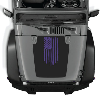 CarCode Jeep Wrangler hood decal with American flag graphic, premium vinyl sticker for JK JKU 2007-2018 models.