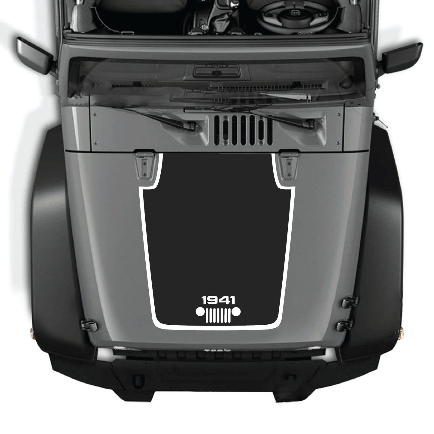 Jeep Wrangler JK hood decal with 1941 grill border graphic, premium vinyl CarCode hood panel sticker for 2007-2018 models.