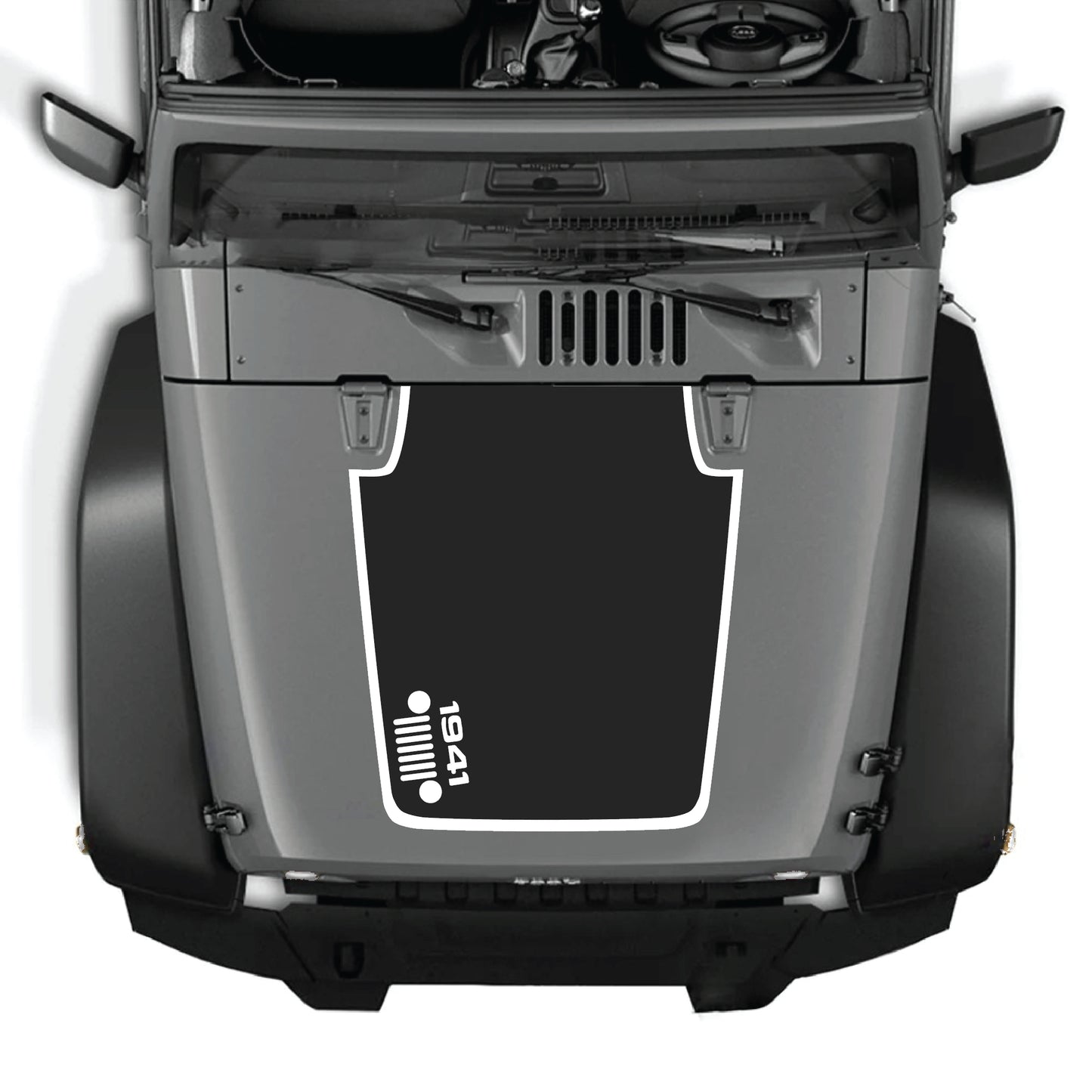 Left side hood decal featuring a 1941 grill with border design for Jeep Wrangler JK JKU, made from premium vinyl by CarCode.