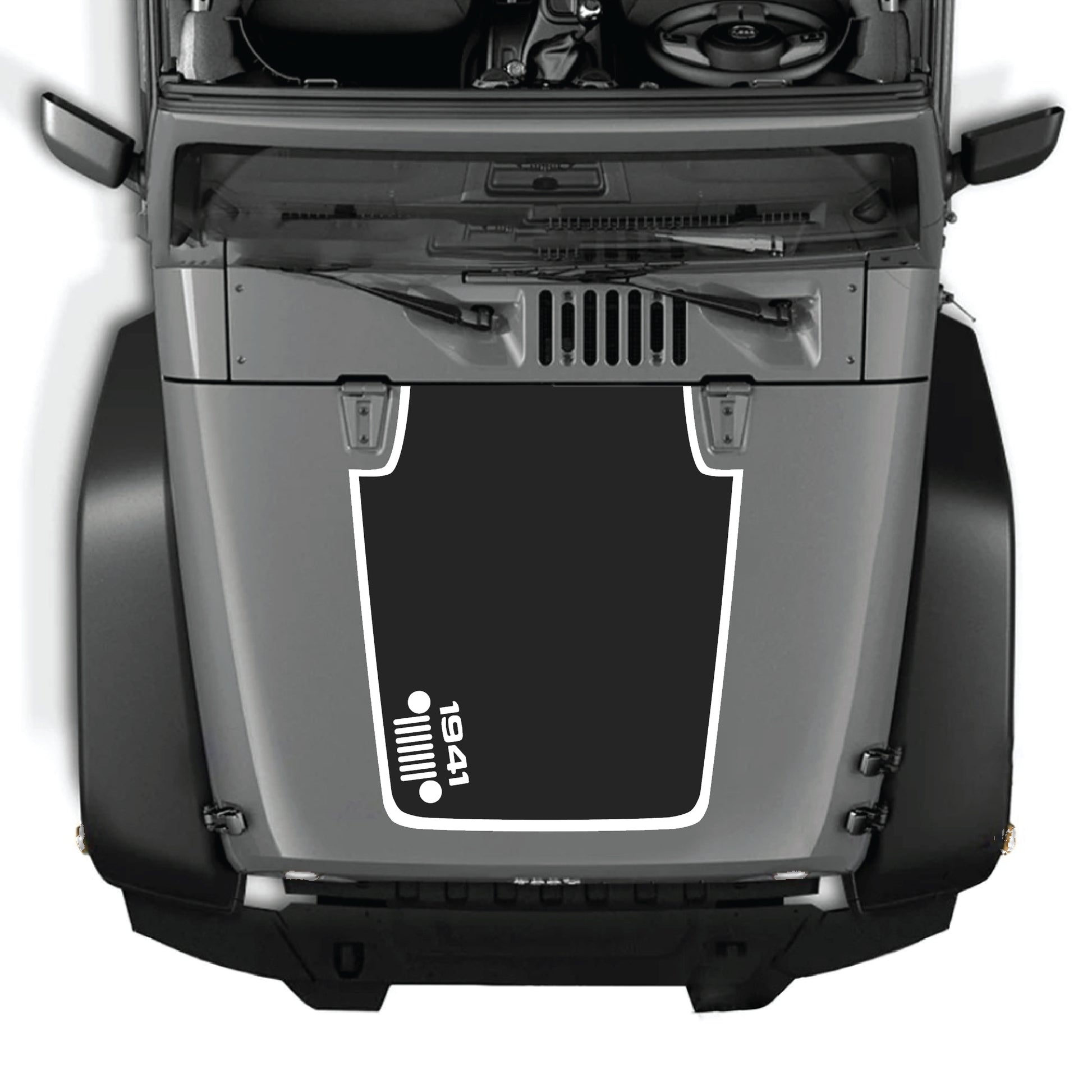 Left side hood decal featuring a 1941 grill with border design for Jeep Wrangler JK JKU, made from premium vinyl by CarCode.