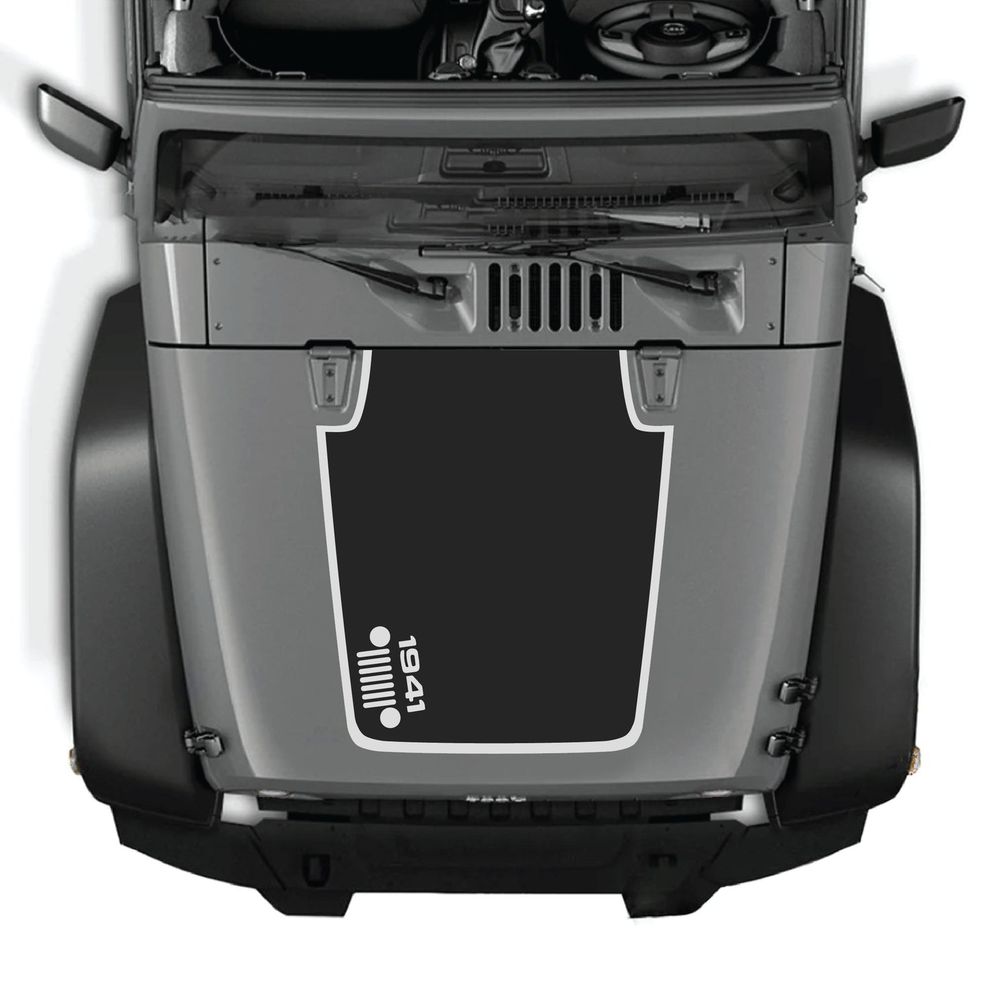 Left side hood decal with 1941 grill border graphic for Jeep Wrangler JK JKU 2007-2018, premium vinyl CarCode decal kit.