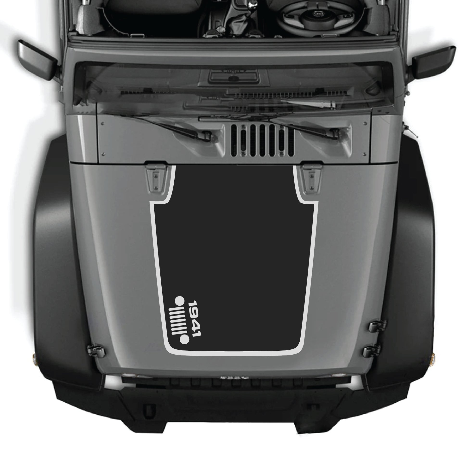Left side hood decal with 1941 grill border graphic for Jeep Wrangler JK JKU 2007-2018, premium vinyl CarCode decal kit.