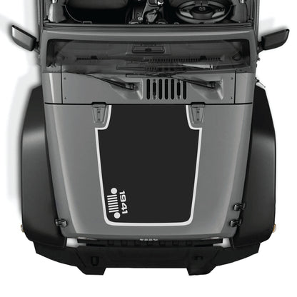 Left side hood decal with 1941 grill border graphic for Jeep Wrangler JK JKU 2007-2018, premium vinyl CarCode decal kit.