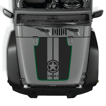 Calcomanía para el capó del Jeep Wrangler JK de CarCode con gráfico de estrella y rayas 1941 en vinilo premium, diseñada para modelos 2007-2018.