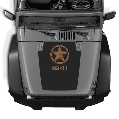 Jeep Wrangler JK hood decal with Top Star 1941 graphic kit in black premium vinyl by CarCode, designed for 2007-2018 models.