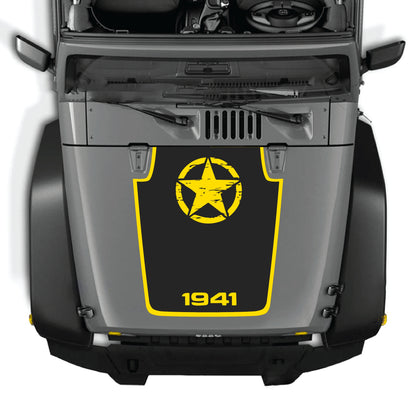 Jeep Wrangler JK hood decal featuring a 1941 star with border graphic in black premium vinyl by CarCode.