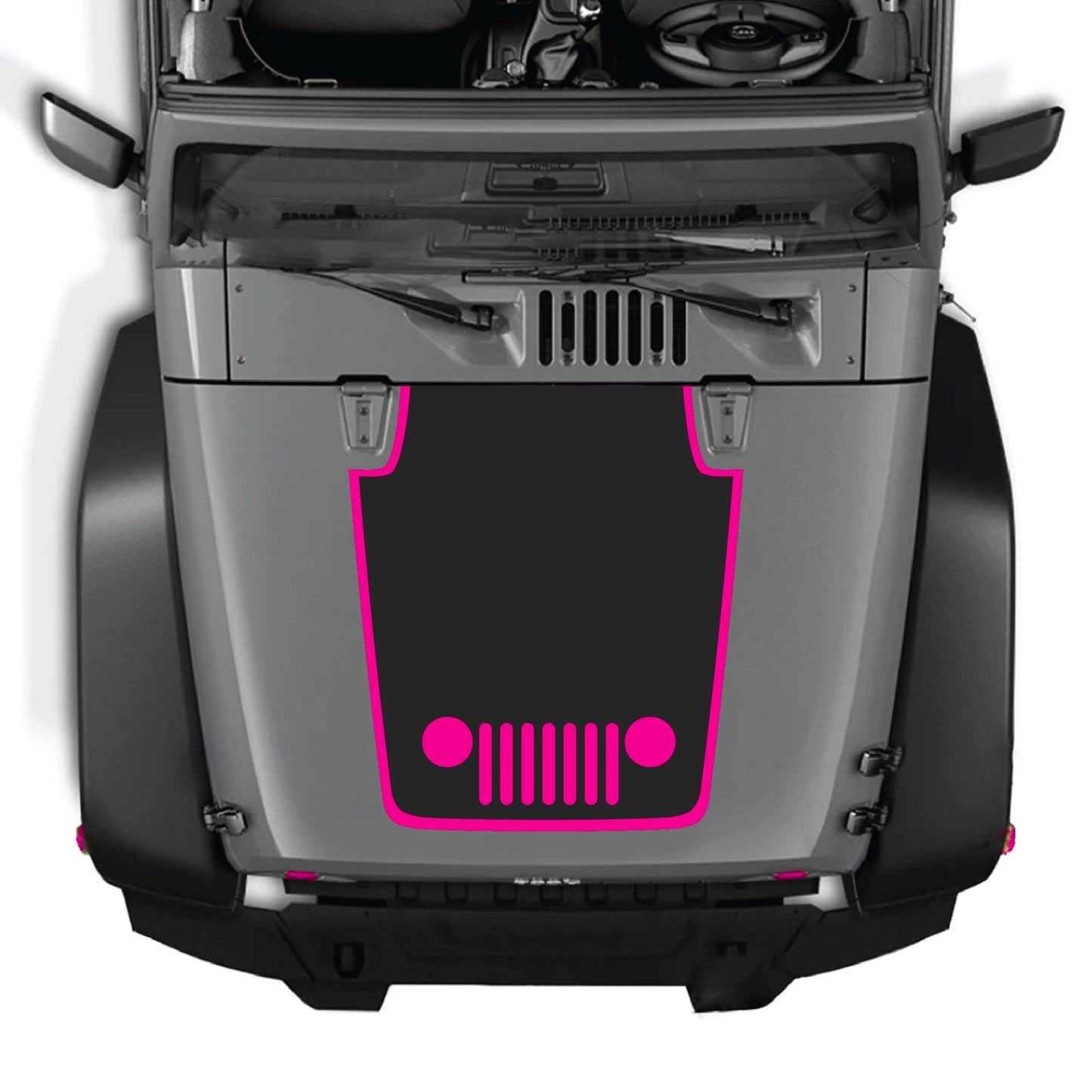 Jeep Wrangler JK hood decal with center grill and border graphic kit in black premium vinyl, designed for 2007-2018 models.