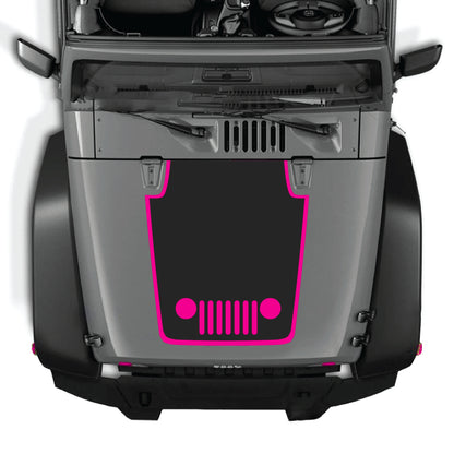 Jeep Wrangler JK hood decal with center grill and border graphic kit in black premium vinyl, designed for 2007-2018 models.