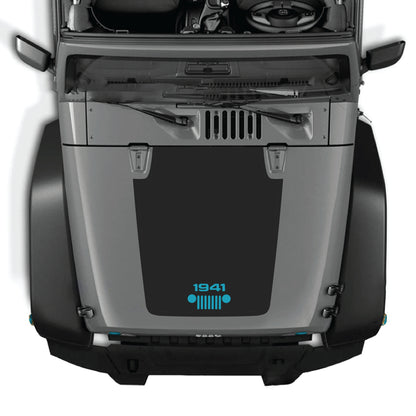 Jeep Wrangler JK hood decal with 1941 grill graphic in black premium vinyl by CarCode, designed for 2007-2018 models.