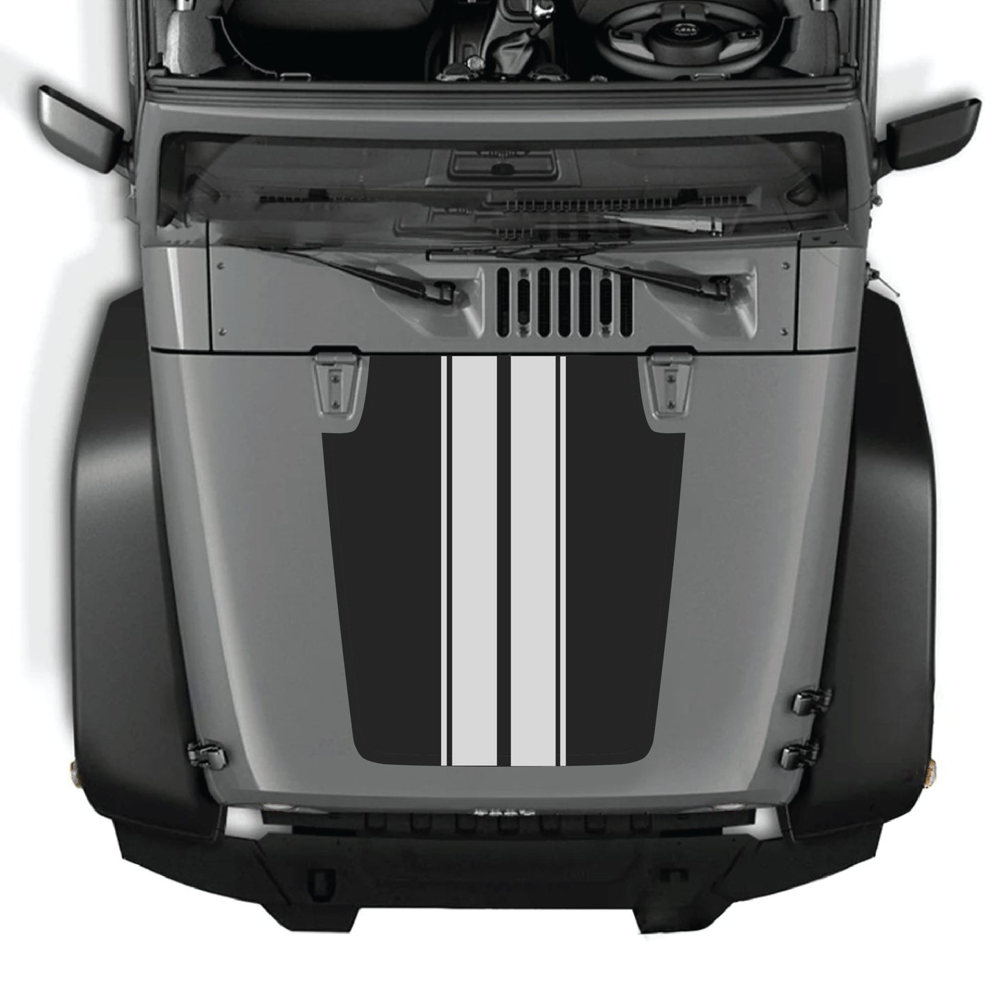Jeep Wrangler JK hood decal kit with black stripe graphic, made of premium vinyl by CarCode, for 2007-2018 models.