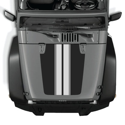 Jeep Wrangler JK hood decal kit with black stripe graphic, made of premium vinyl by CarCode, for 2007-2018 models.