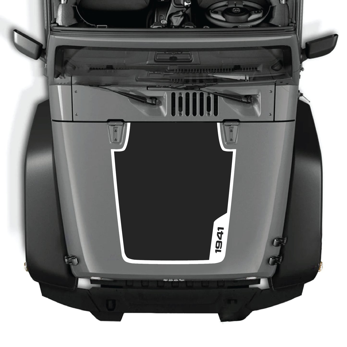 Right side Jeep Wrangler JK hood decal with 1941 border graphic, premium vinyl CarCode decal kit for 2007-2018 models.