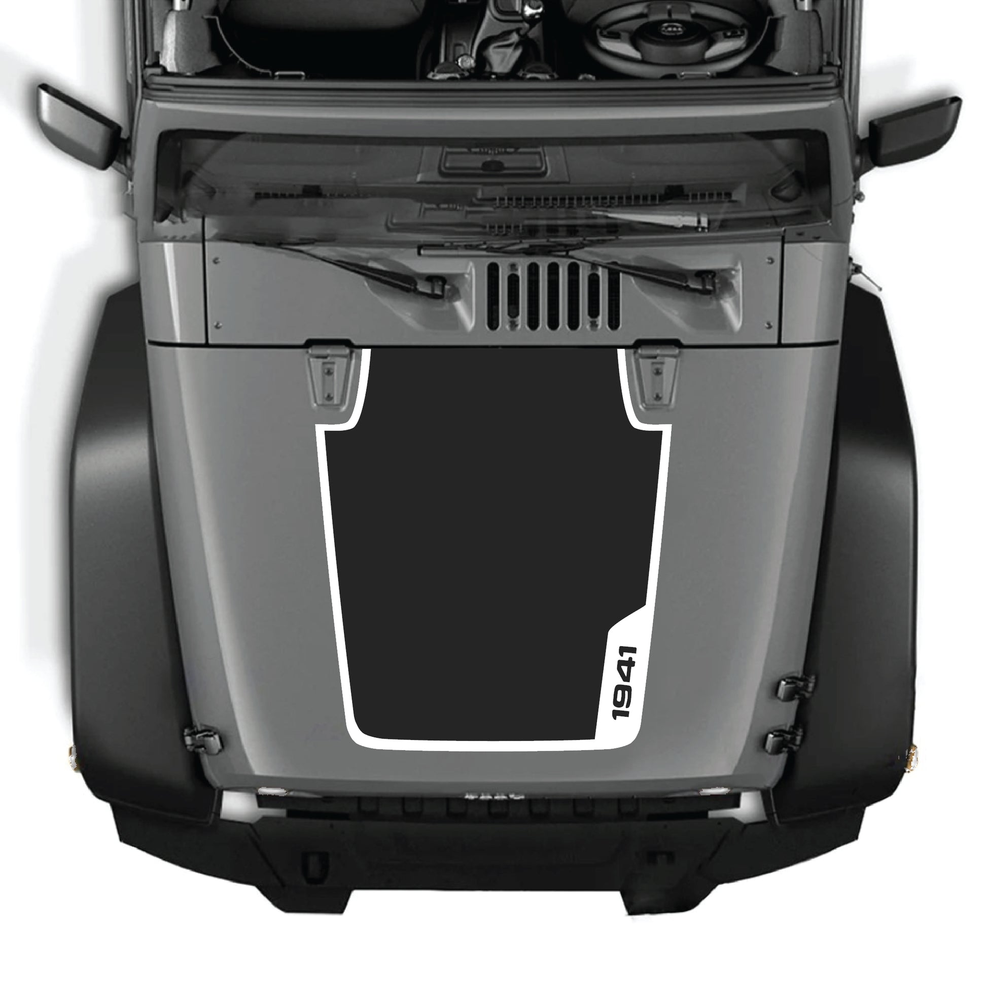 Right side Jeep Wrangler JK hood decal with 1941 border graphic, premium vinyl CarCode decal kit for 2007-2018 models.