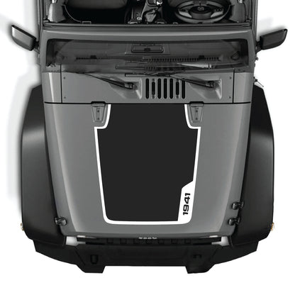 Right side Jeep Wrangler JK hood decal with 1941 border graphic, premium vinyl CarCode decal kit for 2007-2018 models.