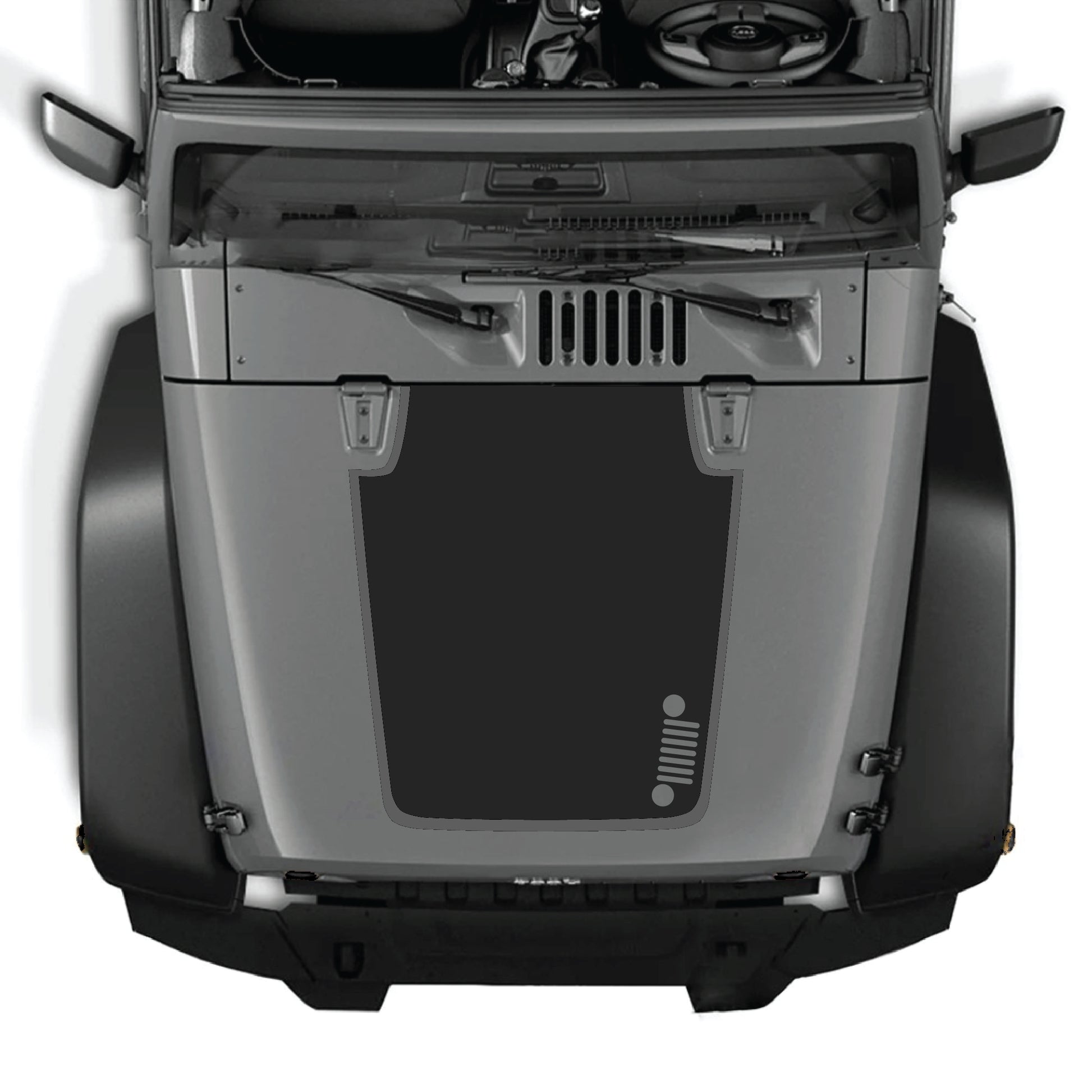 Kit de calcomanía gráfica para el lado derecho del capó del Jeep Wrangler JK de CarCode, hecho de vinilo premium con diseño audaz sobre superficie negra.