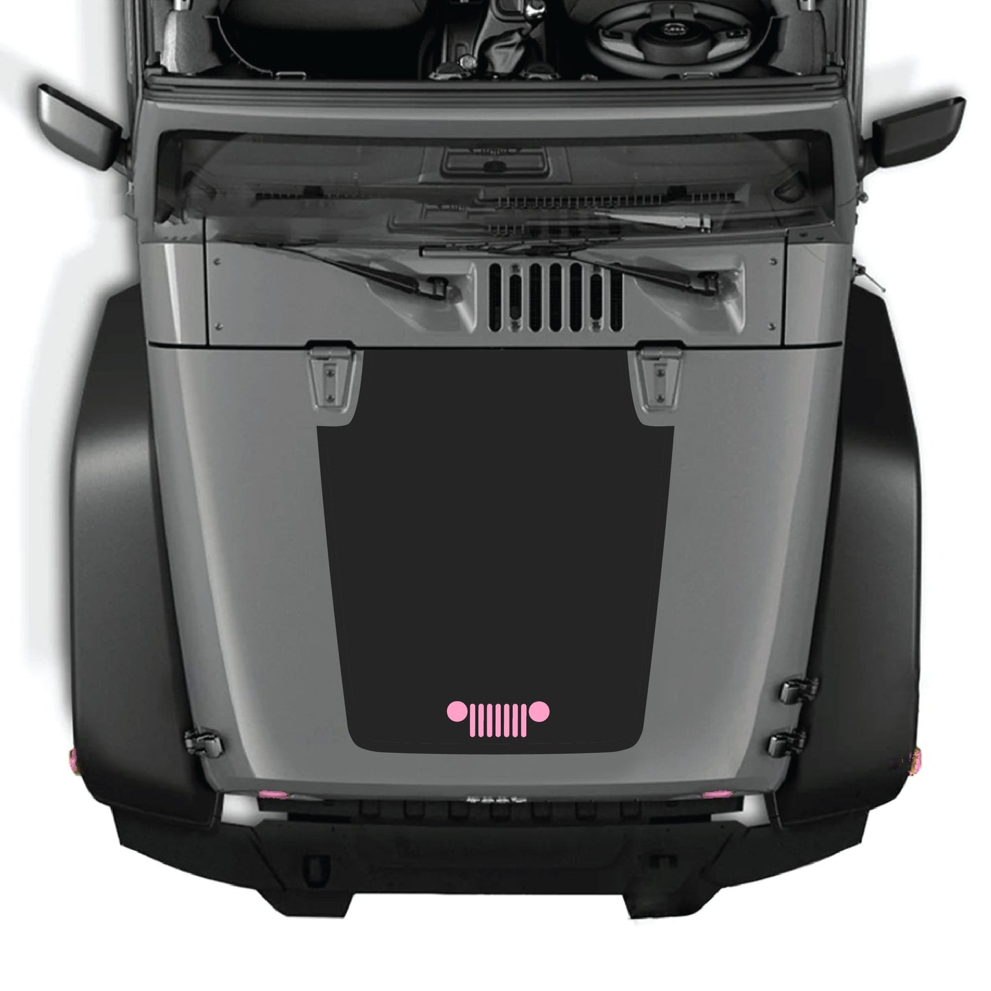 Jeep Wrangler JK JKU hood decal graphic kit by CarCode in black premium vinyl with grill design for 2007-2018 models.
