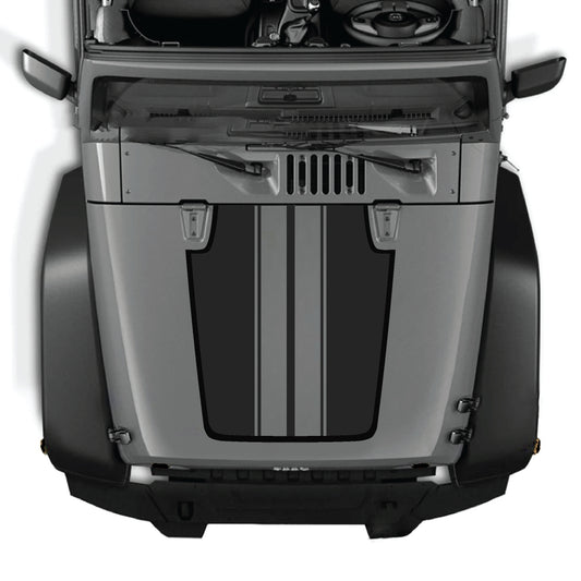 Jeep Wrangler JK JKU hood decal with black stripe graphic kit, premium vinyl CarCode hood panel sticker for 2007-2018 models.