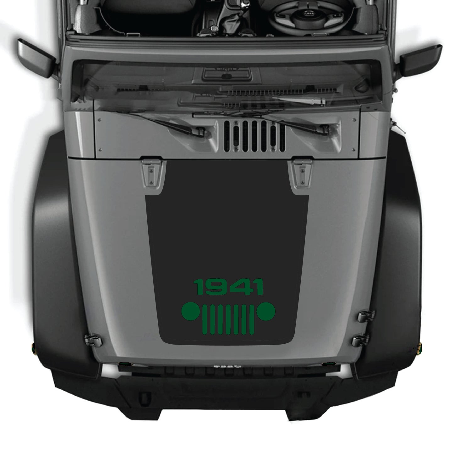 Jeep Wrangler JK hood decal with 1941 grill graphic, premium vinyl CarCode hood panel sticker on vehicle's center.