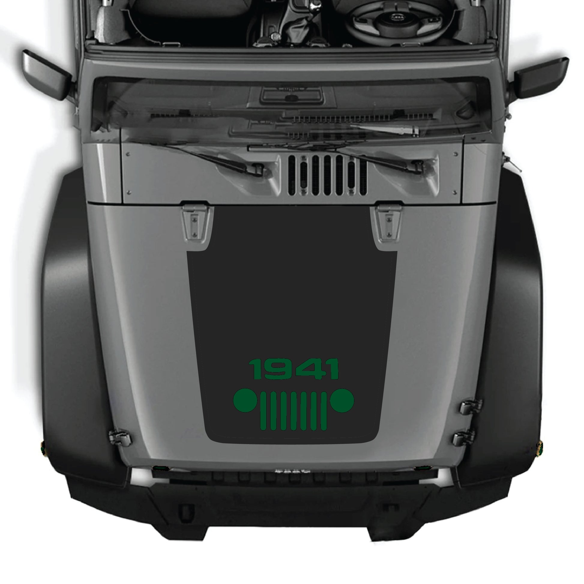 Jeep Wrangler JK hood decal with 1941 grill graphic, premium vinyl CarCode hood panel sticker on vehicle's center.
