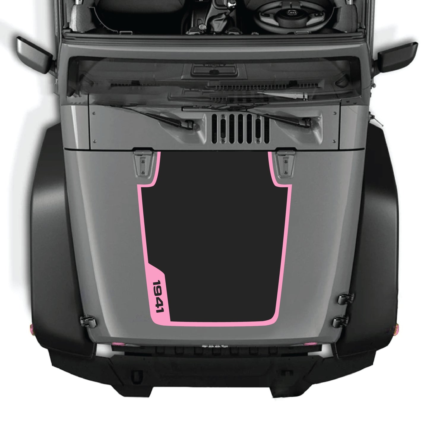 Left side hood decal with "1941" and border graphic for Jeep Wrangler JK JKU 2007-2018, made of premium vinyl by CarCode.