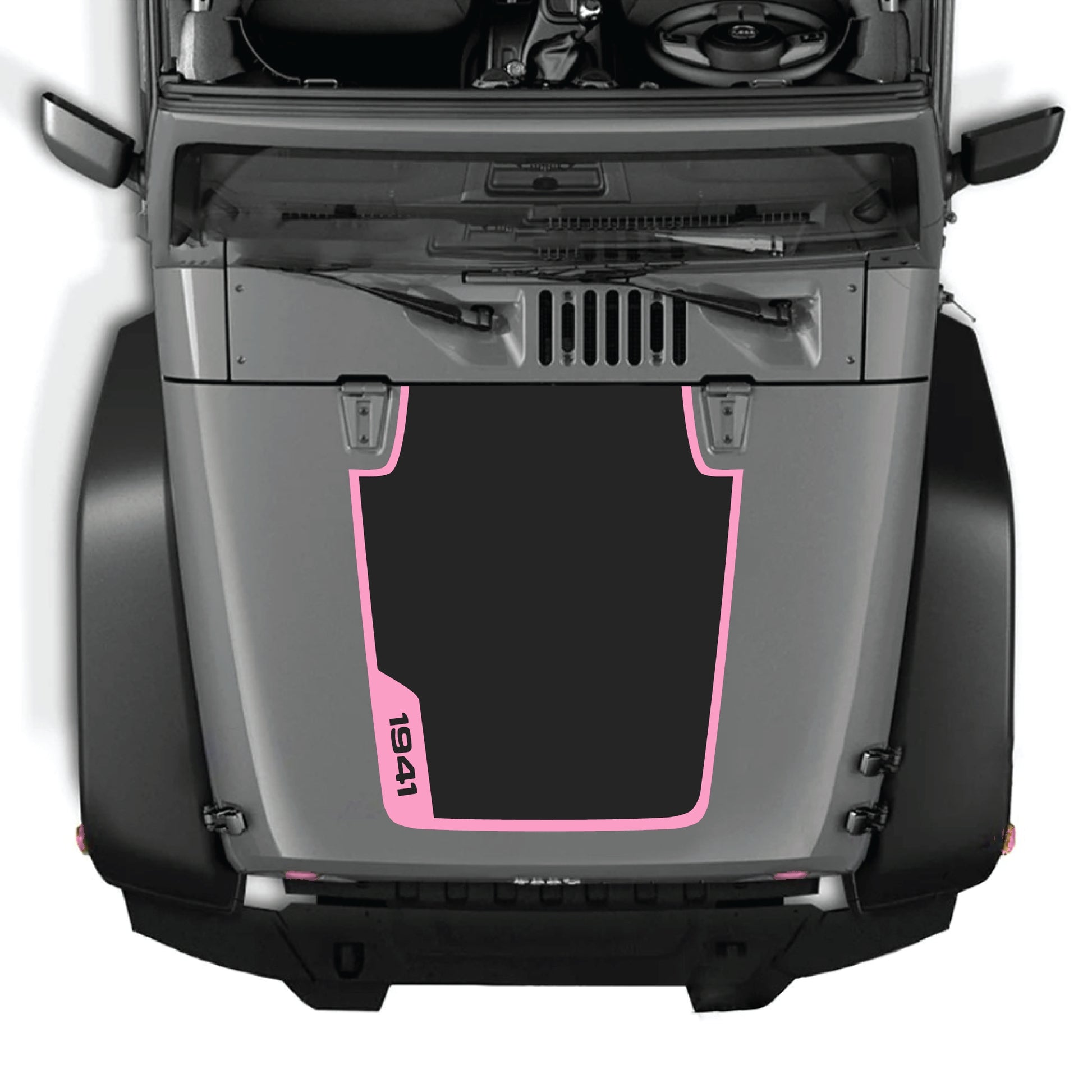 Left side hood decal with "1941" and border graphic for Jeep Wrangler JK JKU 2007-2018, made of premium vinyl by CarCode.
