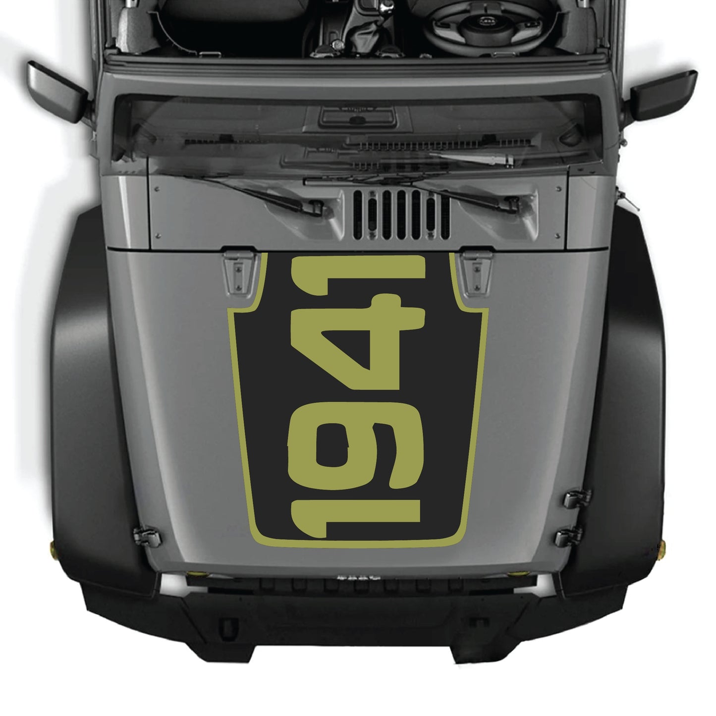 Jeep Wrangler JK JKU hood decal featuring "1941" with border graphic in premium vinyl, designed by CarCode for 2007-2018 models.