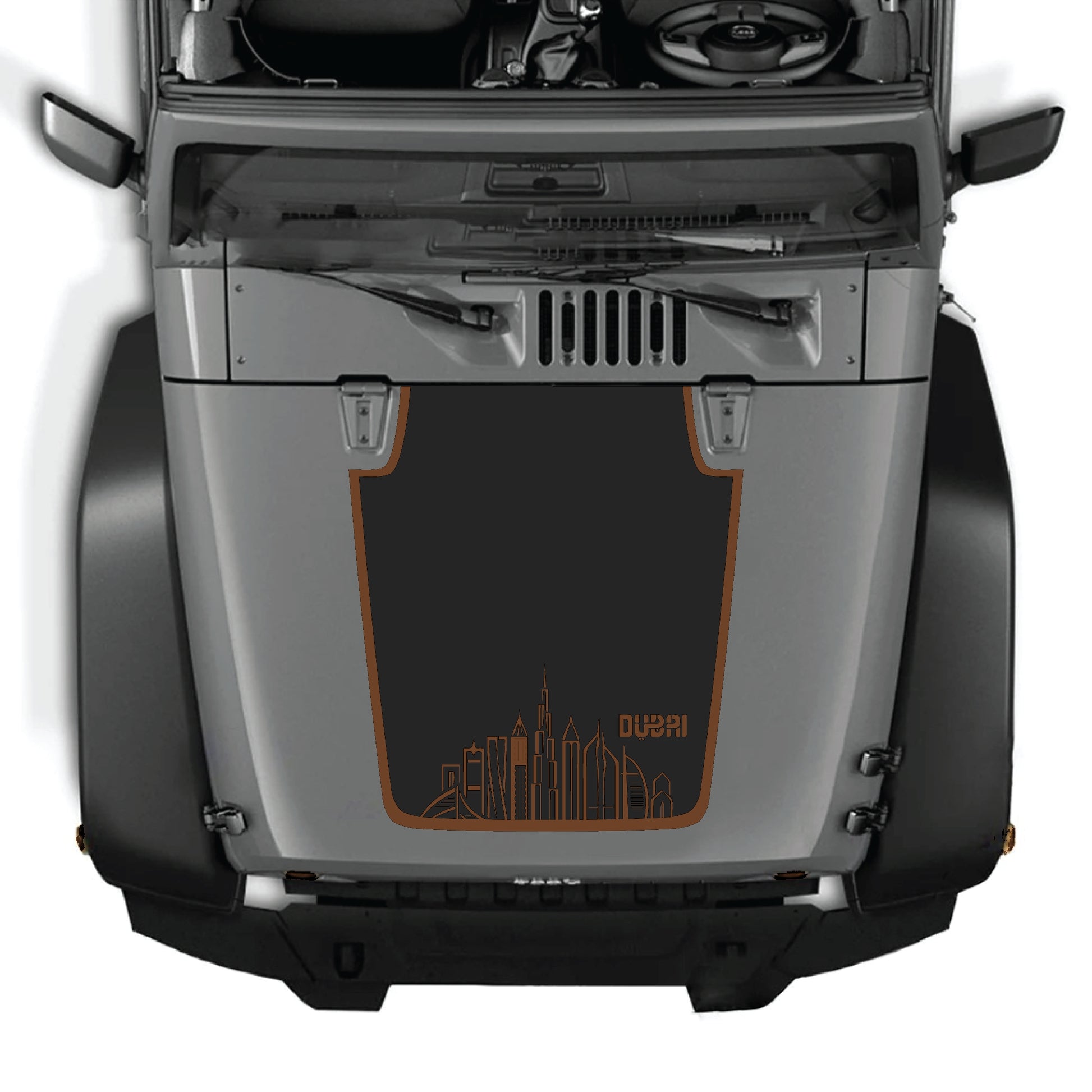 CarCode Dubai hood decal with border graphic for Jeep Wrangler JK JKU 2007-2018, made of premium vinyl, applied to hood panel.