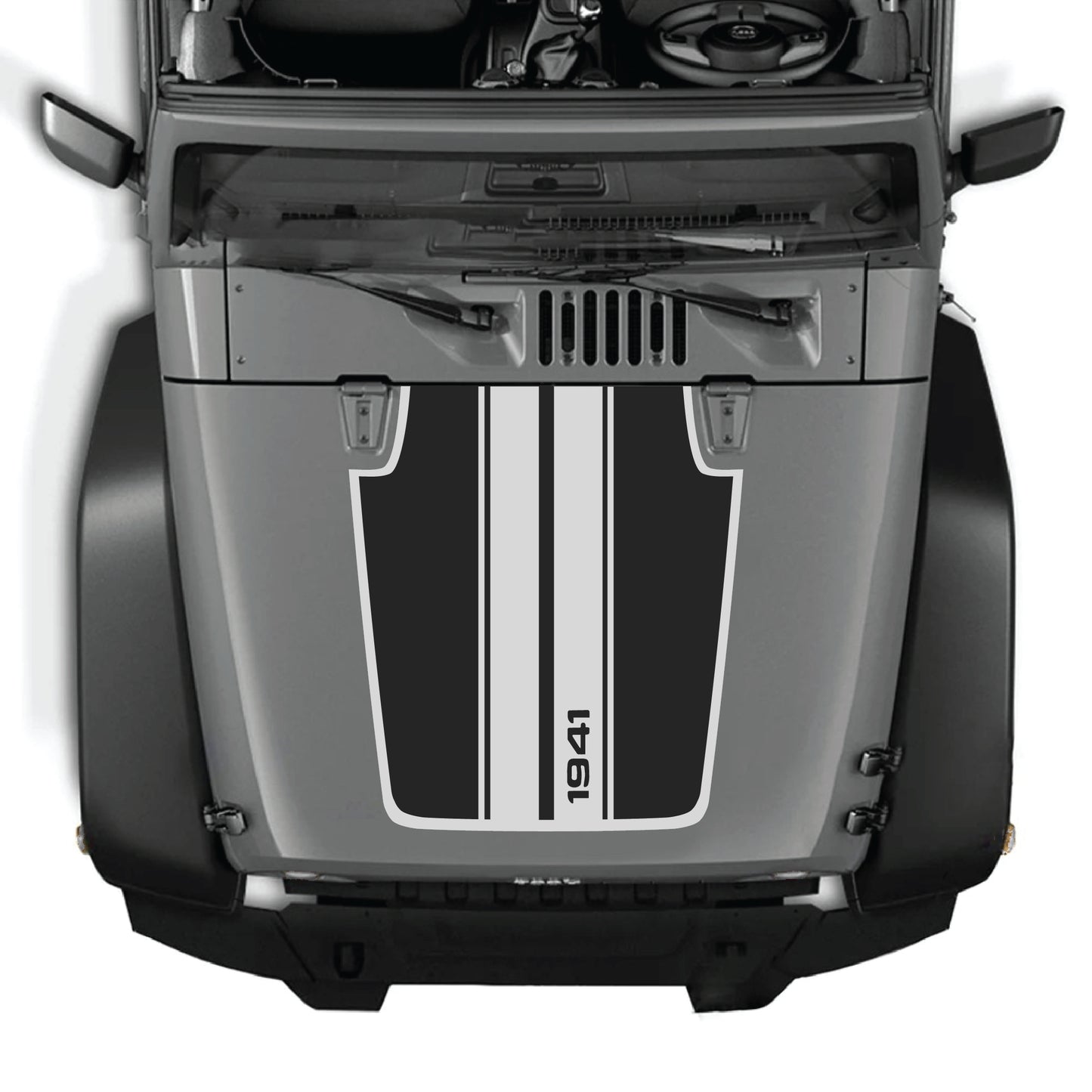 Jeep Wrangler JK hood decal featuring 1941 stripes with border design, made of premium vinyl by CarCode.