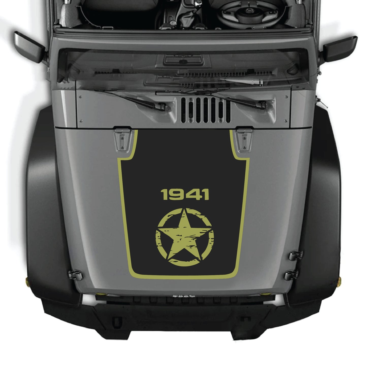 Jeep Wrangler JK JKU hood decal with Center Star 1941 and border graphic, made of premium vinyl by CarCode.