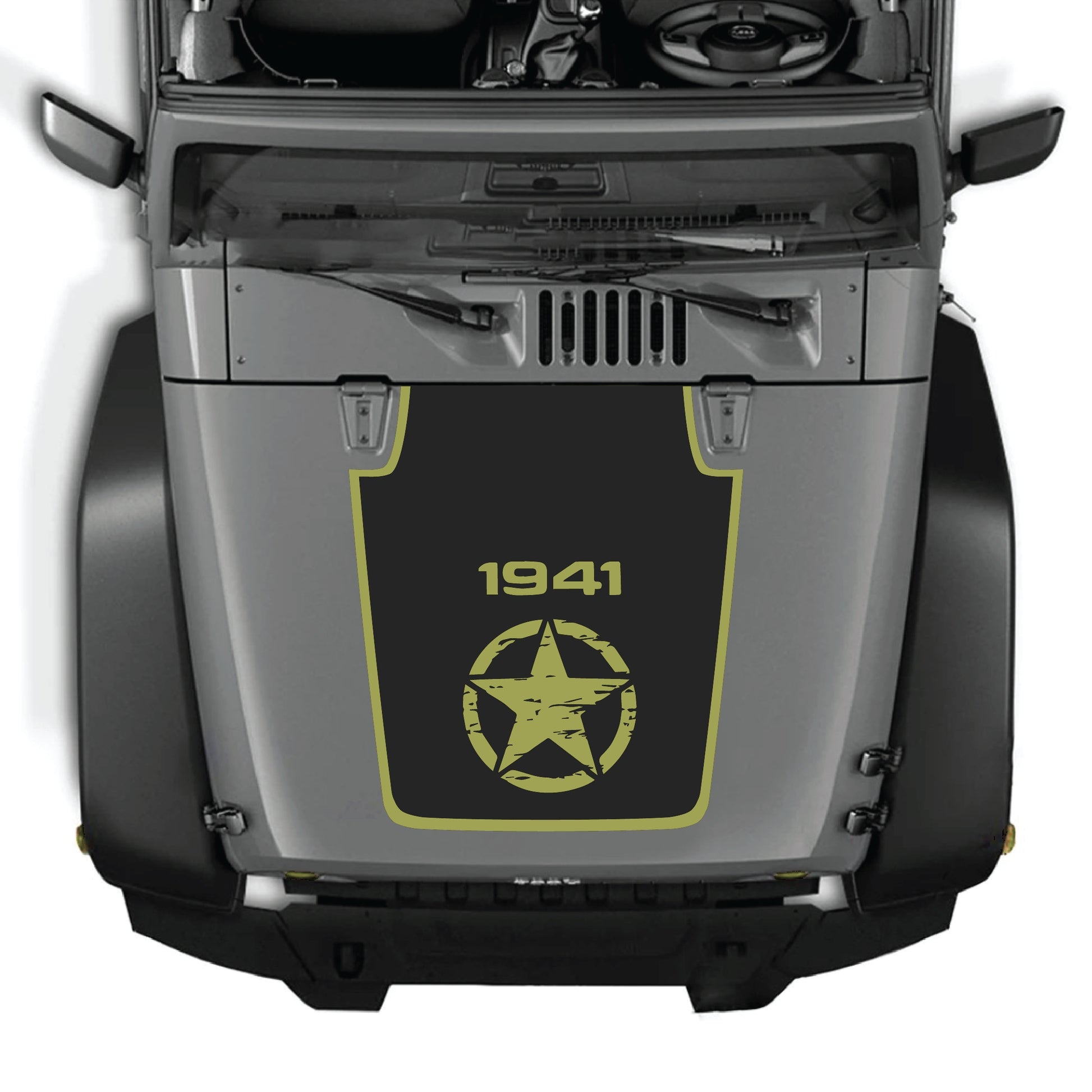 Jeep Wrangler JK JKU hood decal with Center Star 1941 and border graphic, made of premium vinyl by CarCode.