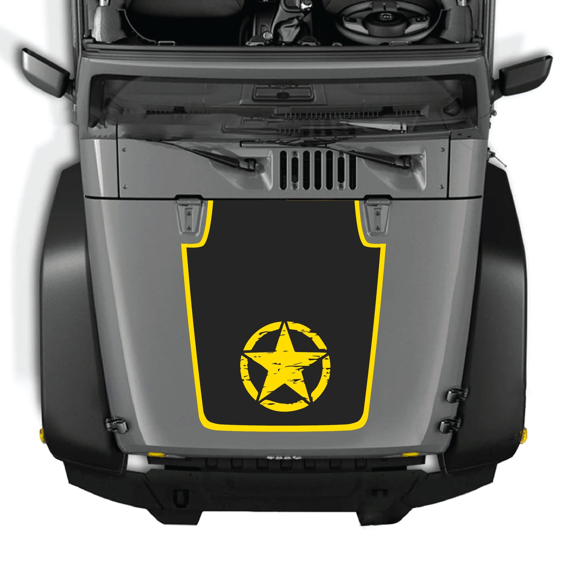 Jeep Wrangler JK JKU hood decal with a center star and border graphic in black premium vinyl, installed on the vehicle's hood.
