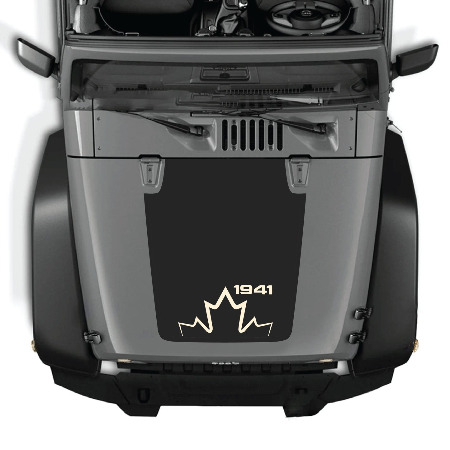 Canada 1941 hood decal graphic kit for Jeep Wrangler JK JKU, made of premium vinyl, featuring patriotic design on vehicle hood.