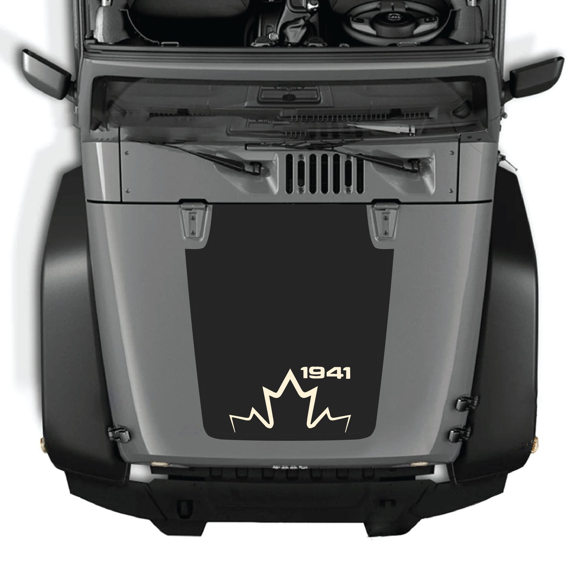Canada 1941 hood decal graphic kit for Jeep Wrangler JK JKU, made of premium vinyl, featuring patriotic design on vehicle hood.
