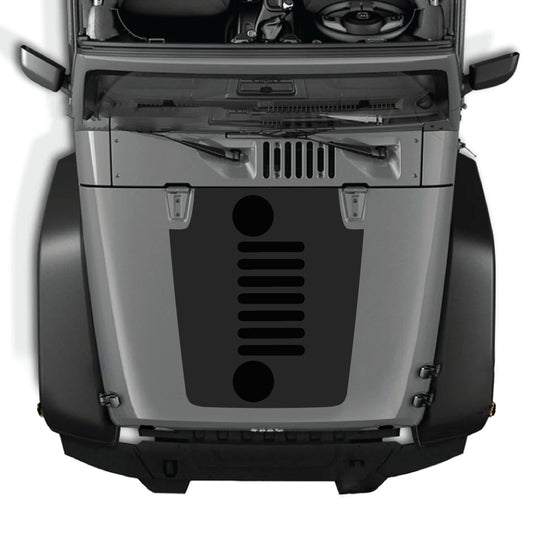 Jeep Wrangler JK hood decal kit by CarCode featuring vertical grill graphic in premium vinyl for 2007-2018 models