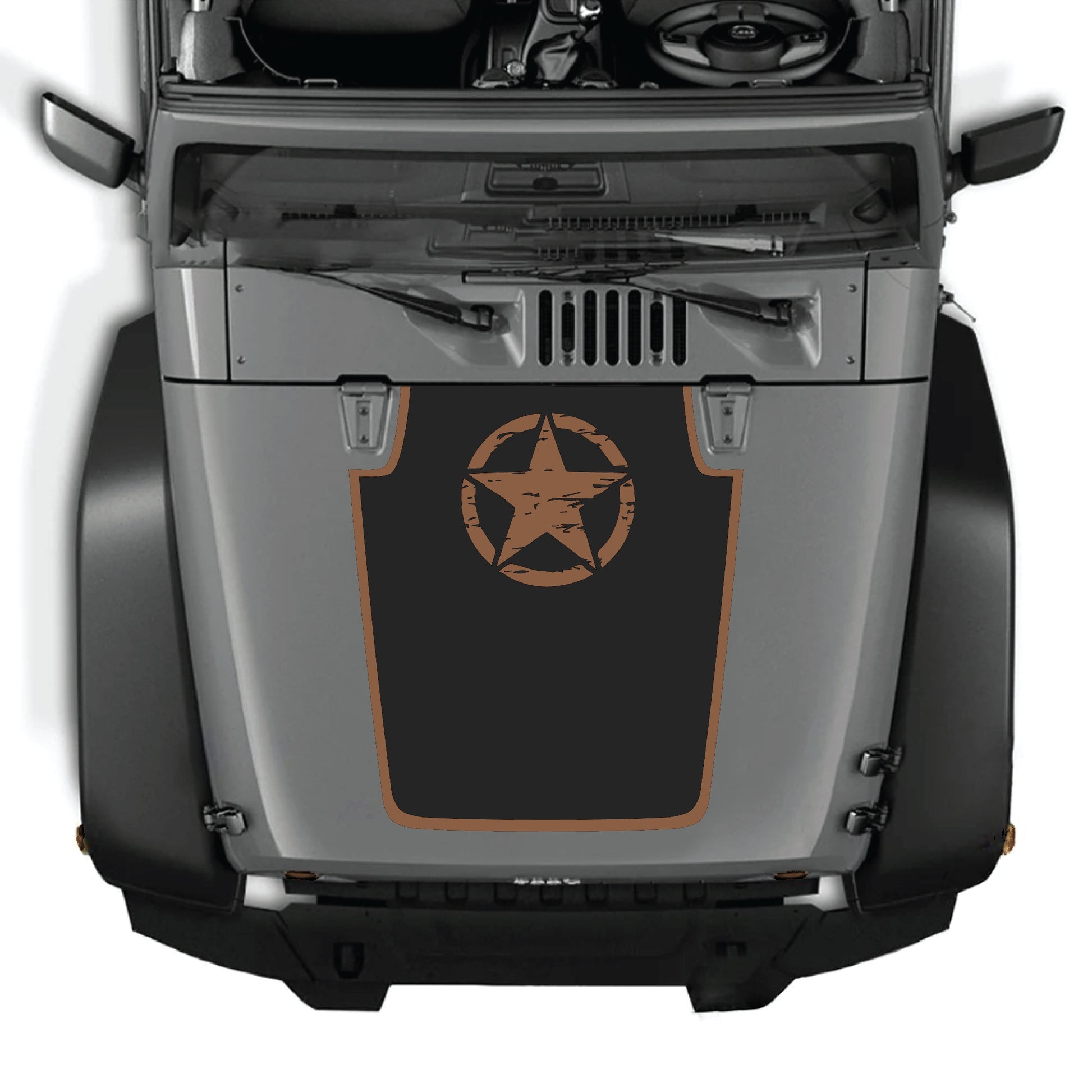 Jeep Wrangler JK hood decal featuring a top star with border graphic, made of premium vinyl for a stylish exterior upgrade.