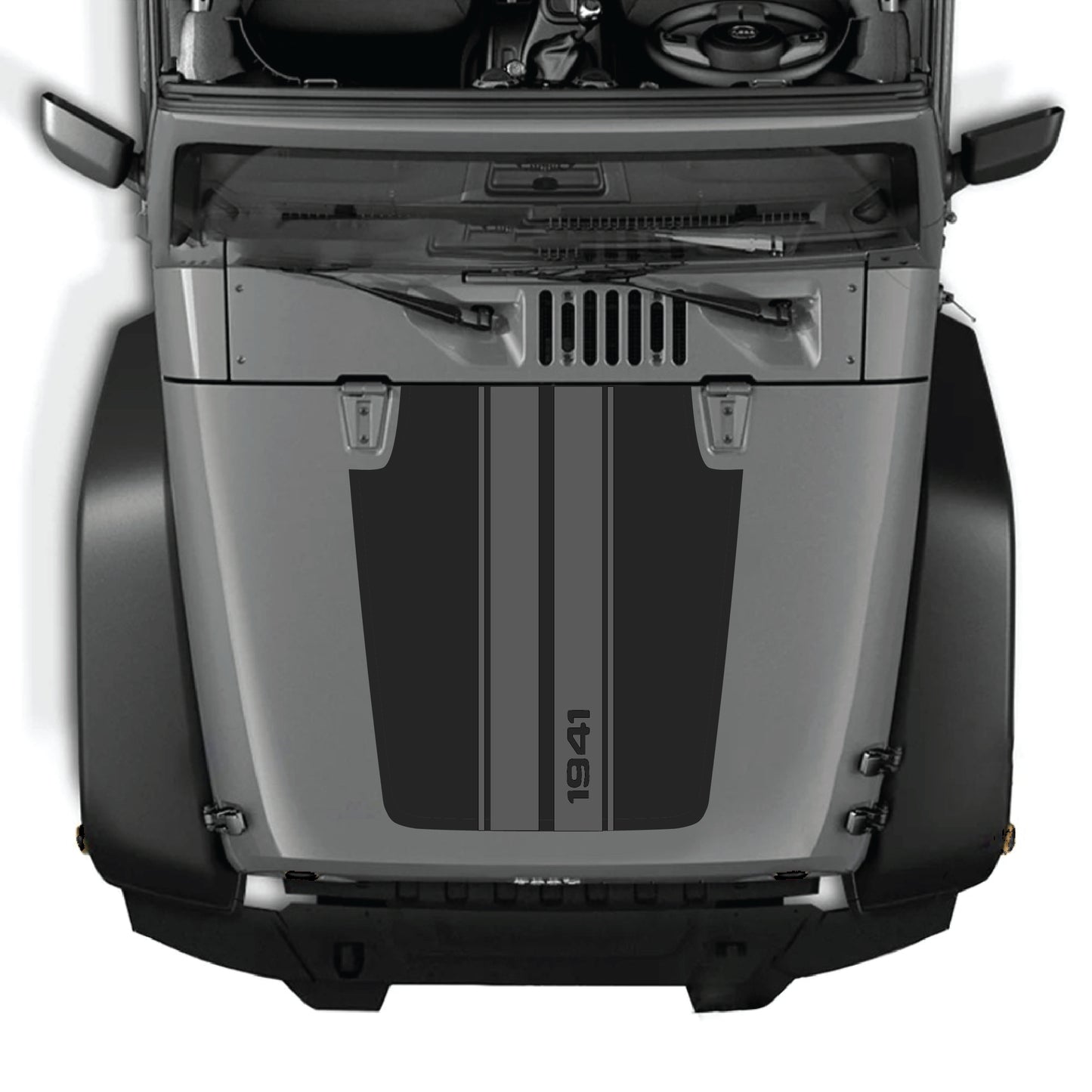 Jeep Wrangler JK hood decal with 1941 stripes graphic, CarCode premium vinyl sticker for 2007-2018 models.
