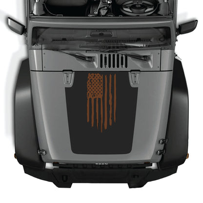 CarCode Jeep Wrangler JK hood decal with American flag graphic, premium vinyl sticker for 2007-2018 models.