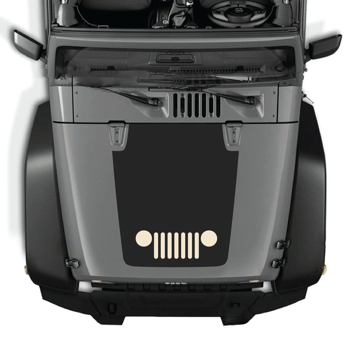 Jeep Wrangler JK hood decal graphic kit by CarCode, featuring a center grill vinyl sticker on a black Jeep with open hood.