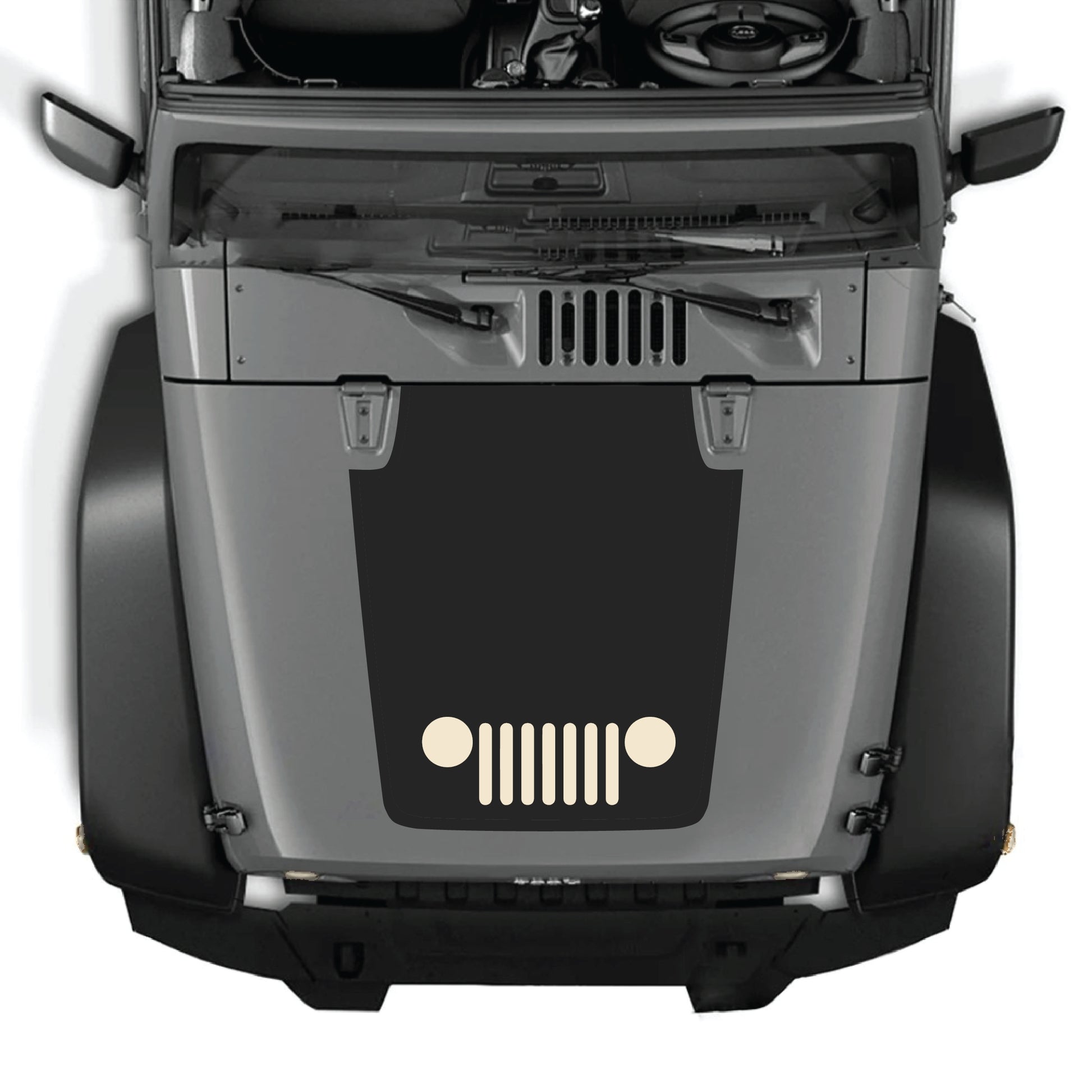 Jeep Wrangler JK hood decal graphic kit by CarCode, featuring a center grill vinyl sticker on a black Jeep with open hood.