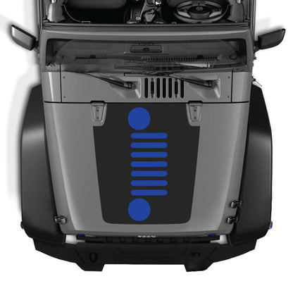 CarCode Jeep Wrangler JK JKU hood decal with vertical grill graphic, made of premium vinyl, designed for 2007-2018 models.