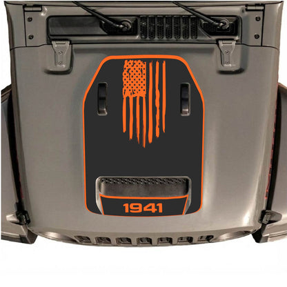 Hood Panel Decal/Sticker - 1941 America Flag with Border Graphic Decal Graphic Kit - For Jeep JL JLU 392 2018 - Premium Vinyl