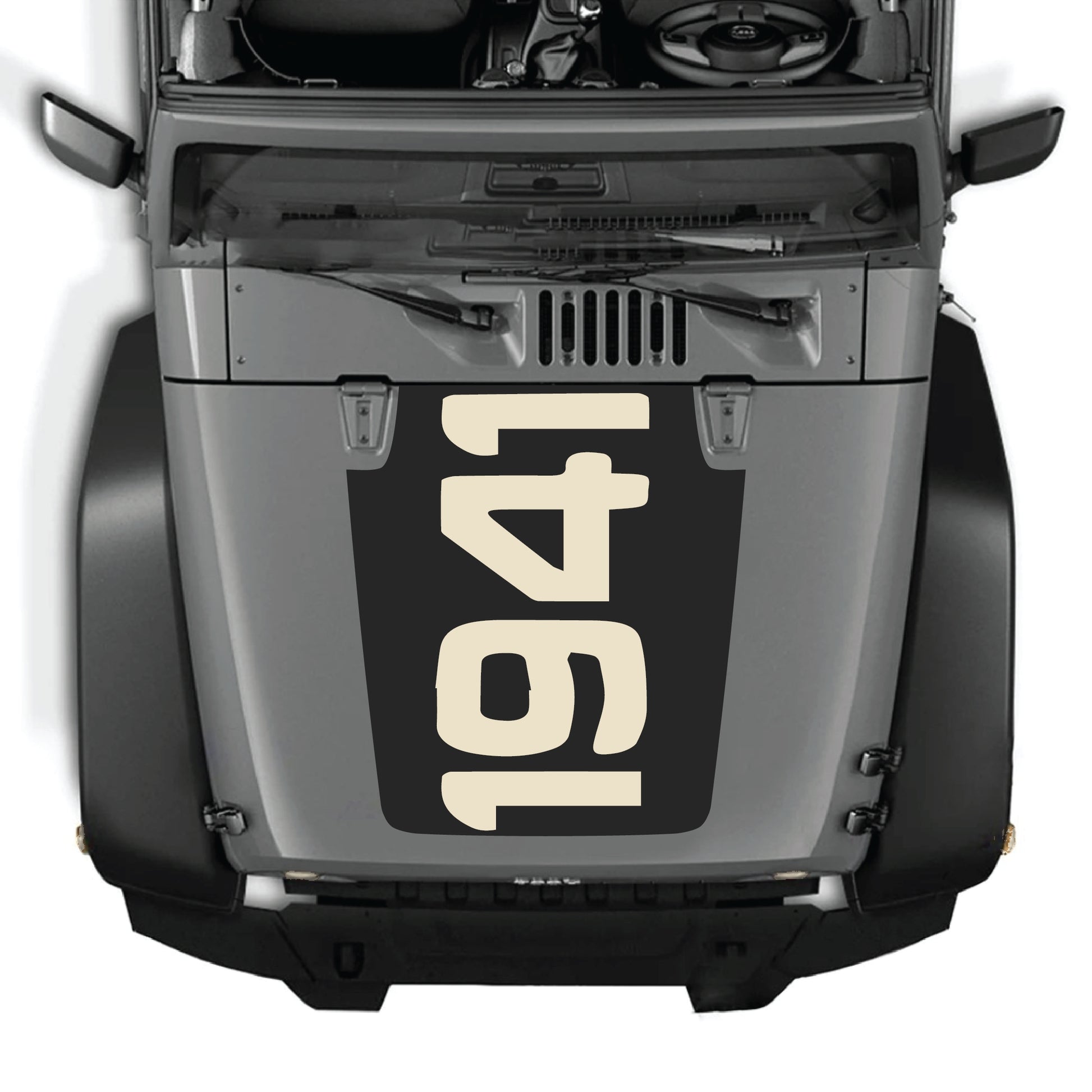 Jeep Wrangler JK JKU 2007-2018 hood decal graphic kit with 1941 design in black premium vinyl by CarCode, displayed on vehicle hood